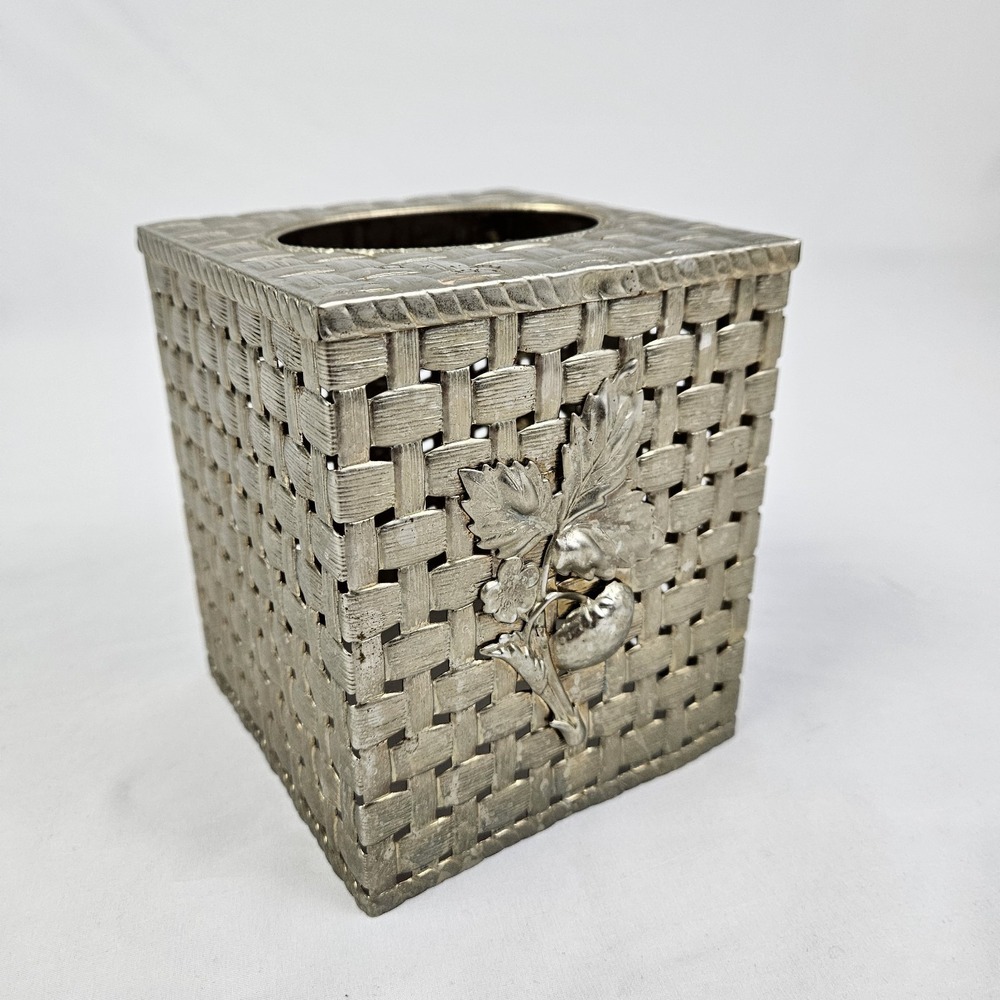 Vintage Gold Metal Kleenex Tissue Box Cover Basketweave Raised Strawberry MCM